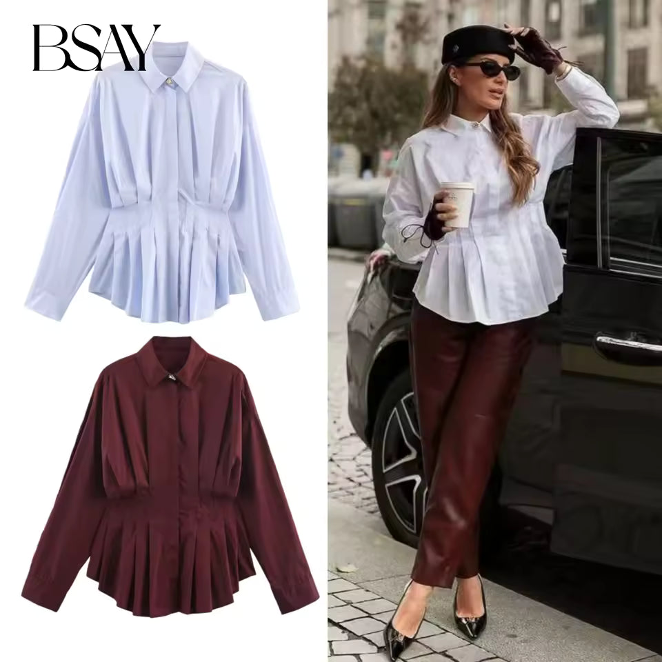 Witte poplin blouse met plooien in de taille voor dames