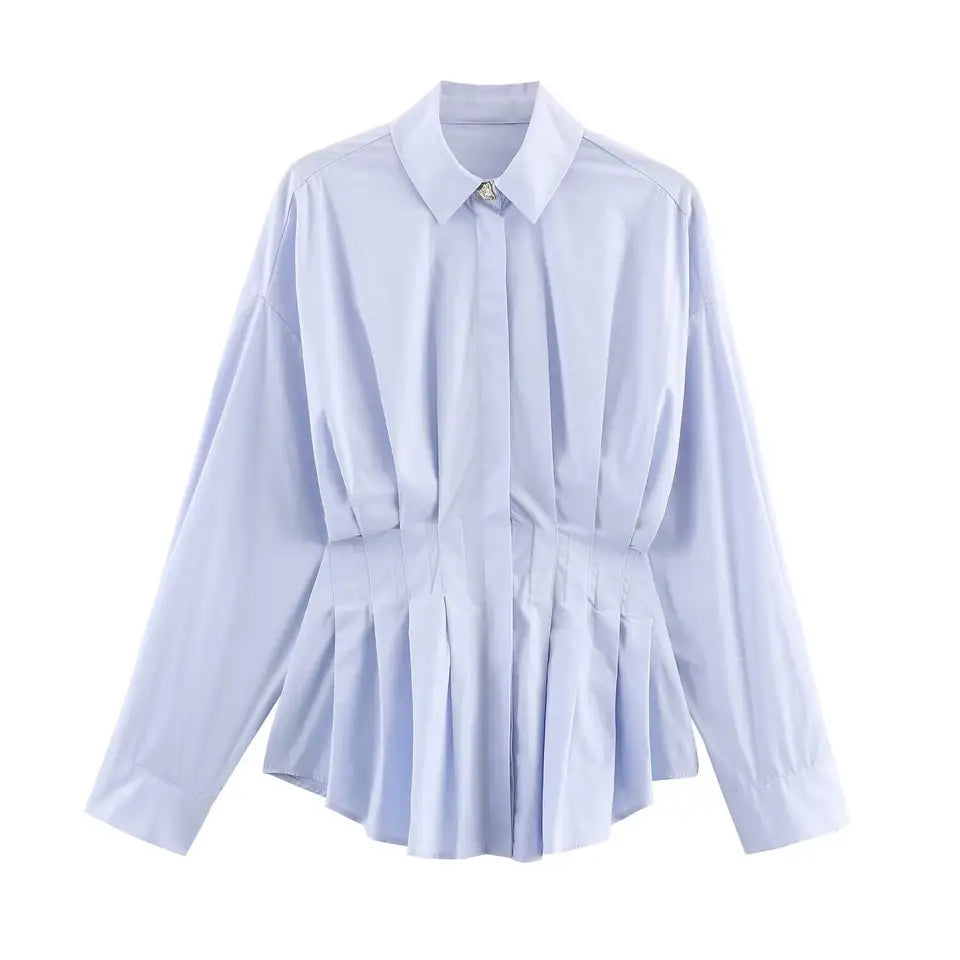Witte poplin blouse met plooien in de taille voor dames