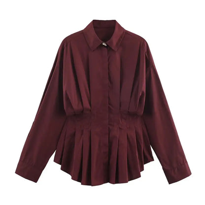 Witte poplin blouse met plooien in de taille voor dames