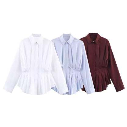 Witte poplin blouse met plooien in de taille voor dames