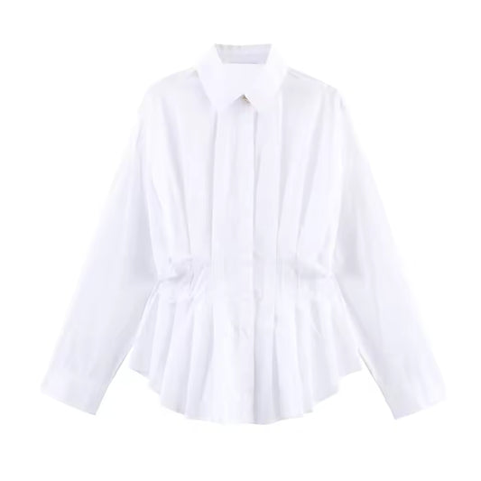 Witte poplin blouse met plooien in de taille voor dames